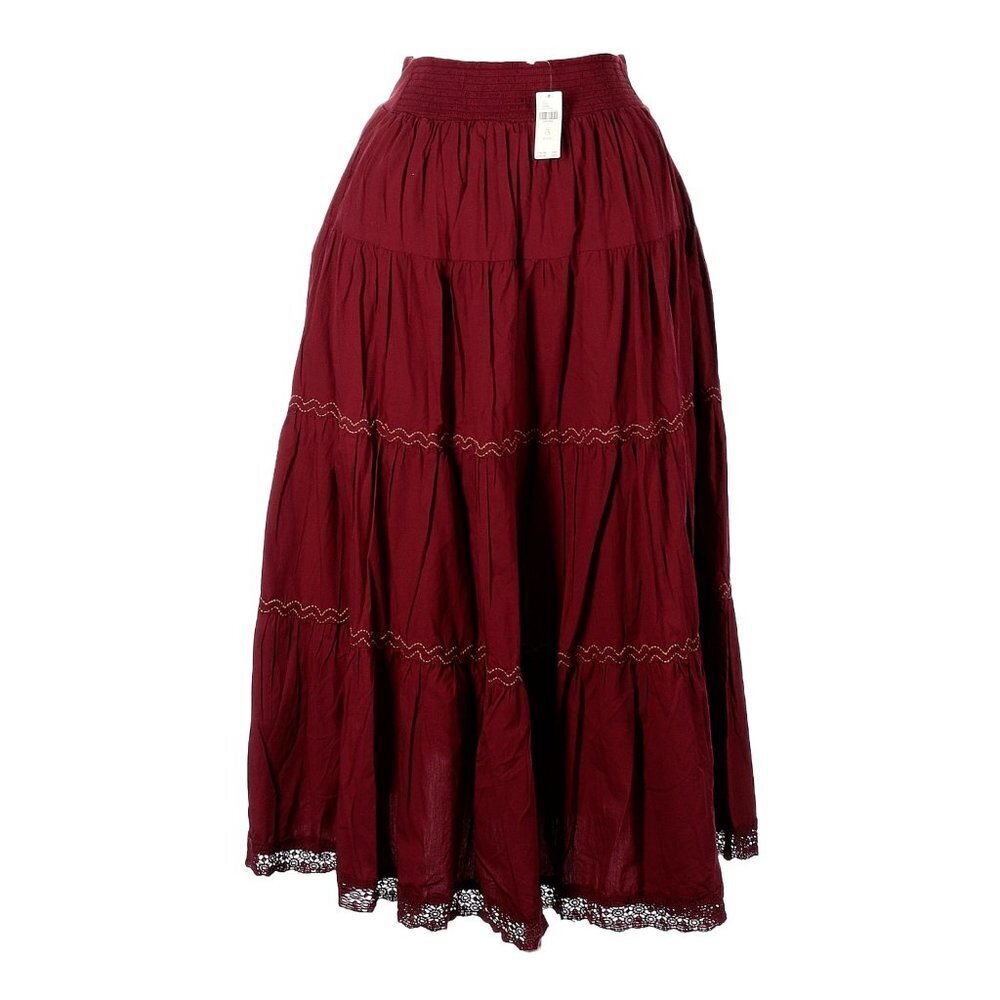 NWT Anthropologie Tiered Lace Maxi in Maroon Red Cotton Pull-on Skirt 1X - Picture 6 of 11